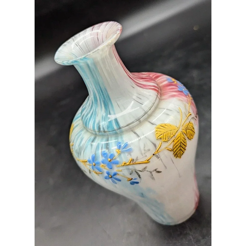 Vintage Bohemian Czech Art Glass Cased Pink Blue Vase Gold Leaf Enamel 6